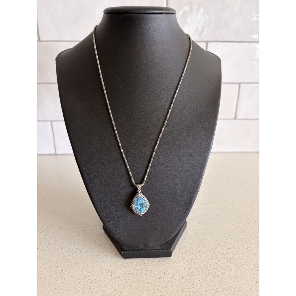 925 Sterling Silver Blue Teardrop Topaz Pendant Necklace Ornate Filigree
